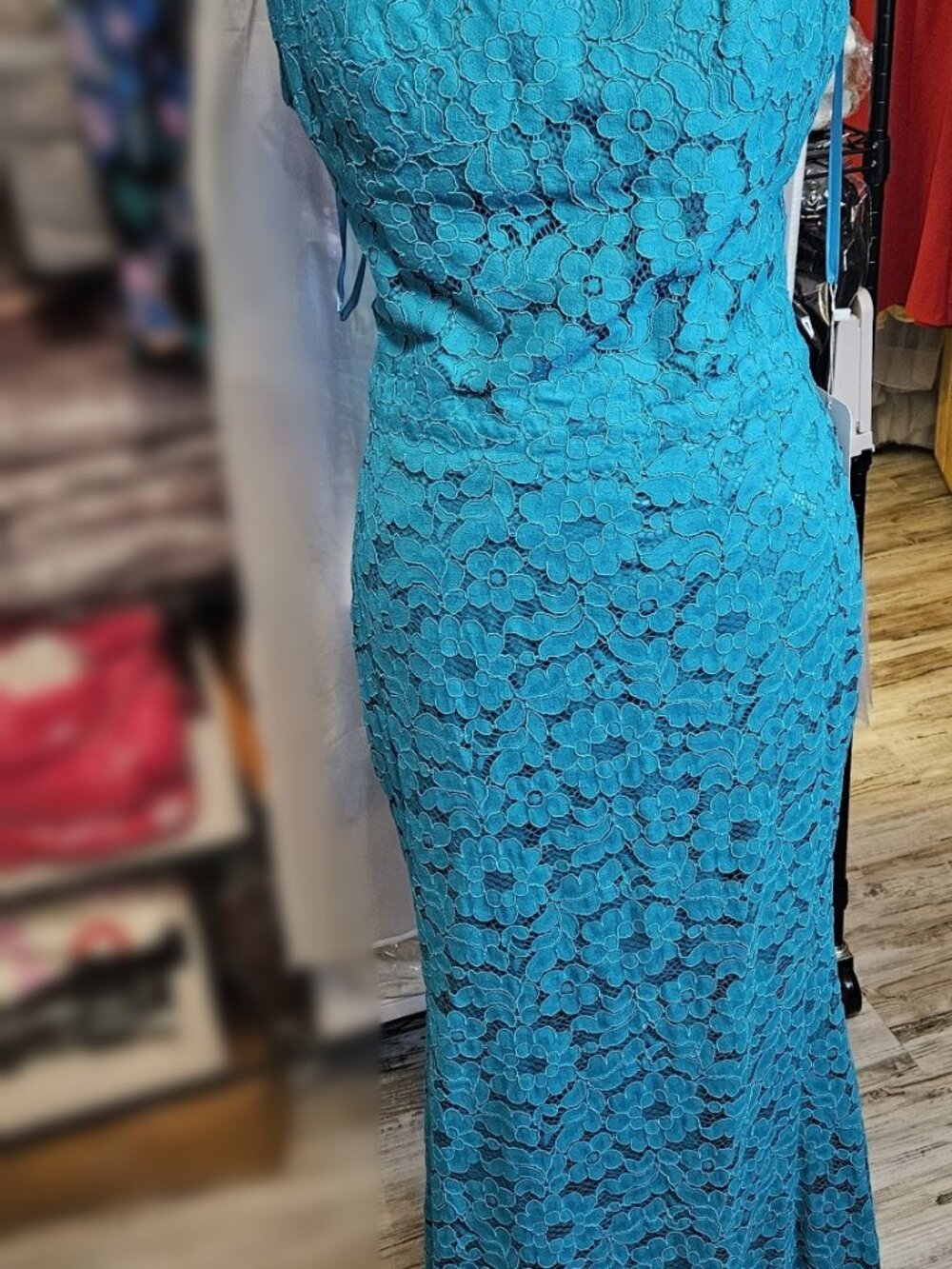 Size 10 Nina Canacci 7355 Teal Floral Lace Gown Square Neck Open Back NWT